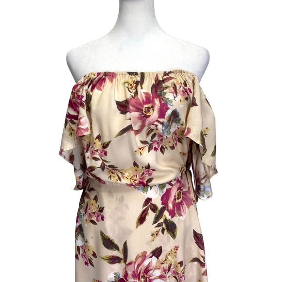 BAND OF GYPSIES Maxi Dress Sz M Floral Faux Wrap Beige Pink Flutter Sleeve Boho - Picture 5 of 10